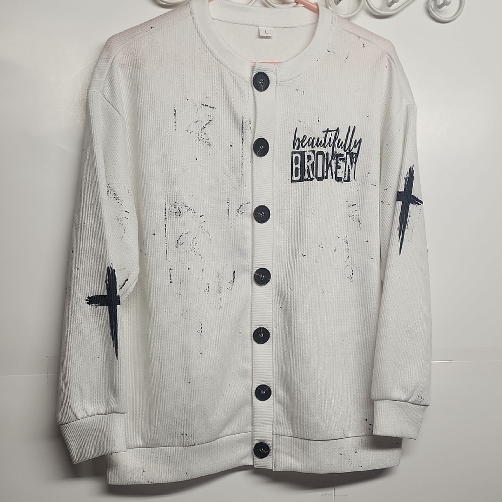 Beautifully Broken White Button-Up Cardigan with Black Accents. Sz L